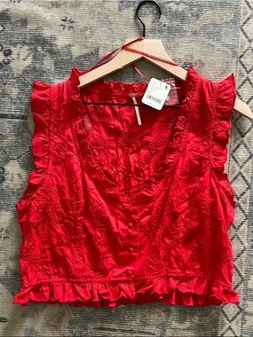 Free People Bright Red Ruffle-Trim Button Front Tank